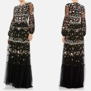 Mac Duggal Black Multicolor Embroidered Long Sleeve Dress